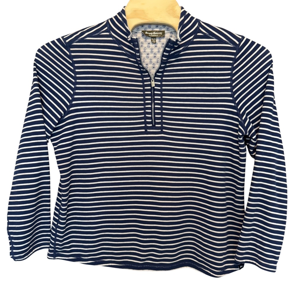 Tommy Bahama Reversible Pullover Womens XL Blue White Striped Pineapple Zip